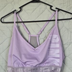 Victoria Secret PINK Sports Bra Sz  M Ultimate Light Purple White Allover Logo